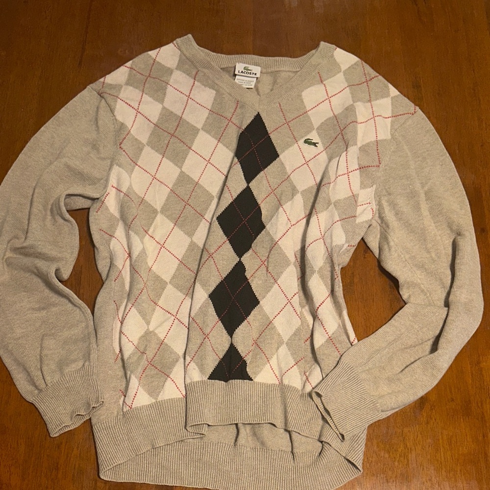Lacoste Men’s Beige and Black Argyle Crewneck Sweater